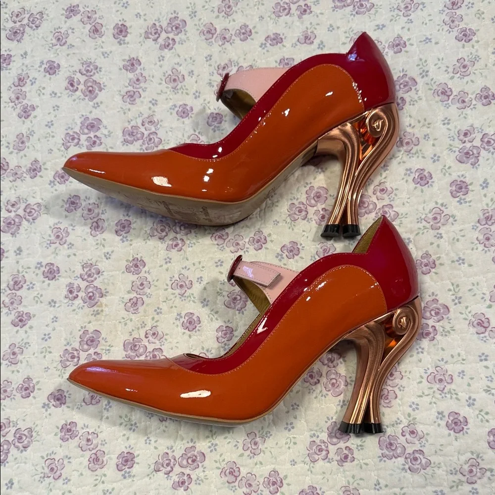 John Fluevog Orange, Red & Pink Patent Mary Jane Pumps - Picture 4 of 9